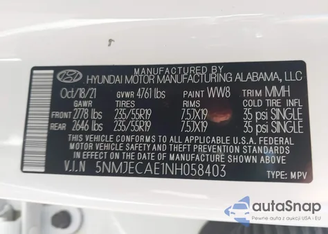 2022 Hyundai Tucson Limited z USA, uszkodzony, nr VIN 5NMJECAE1NH058403